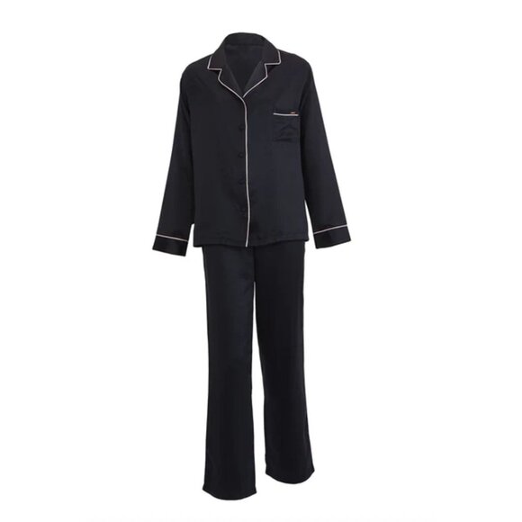 Bluebella Claudia Satin Shirt and Trouser Set in Black Pale Pink - Picture 1 of 8